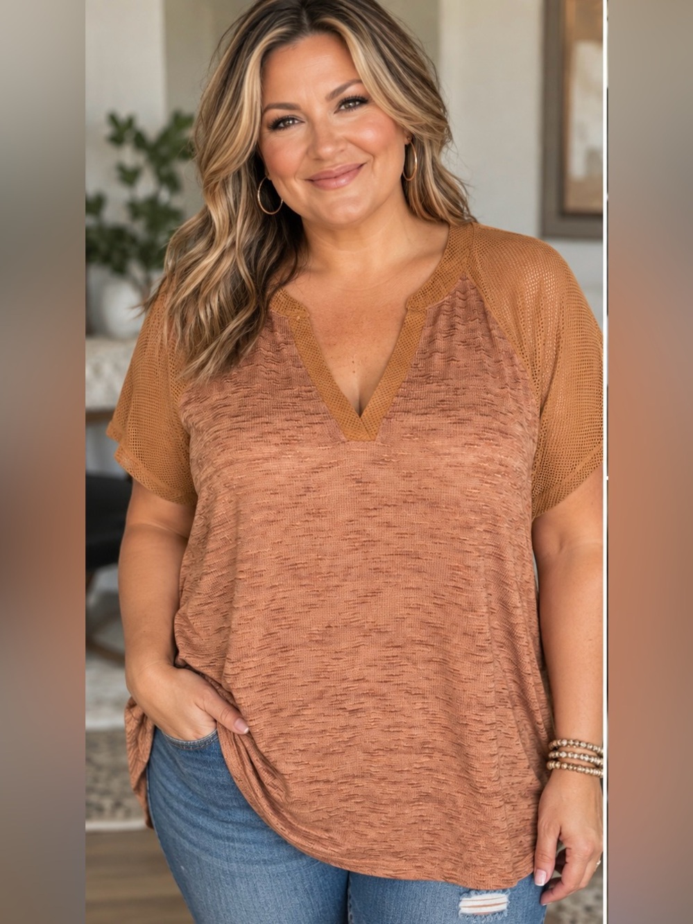 Maurices Rust Brown  Mesh Sleeve Top NWR